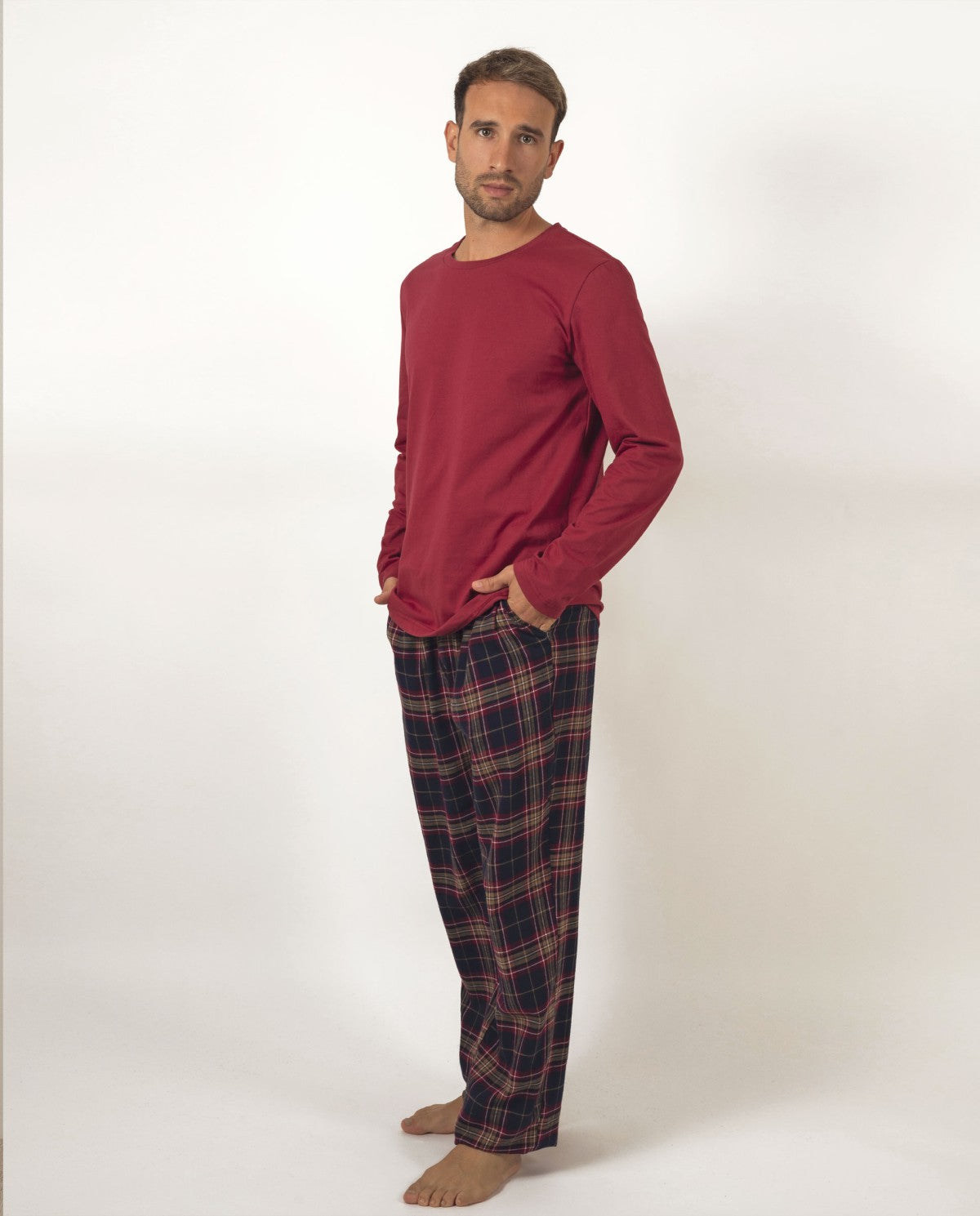 Pijama hombre Plaid largo cuadros rojo