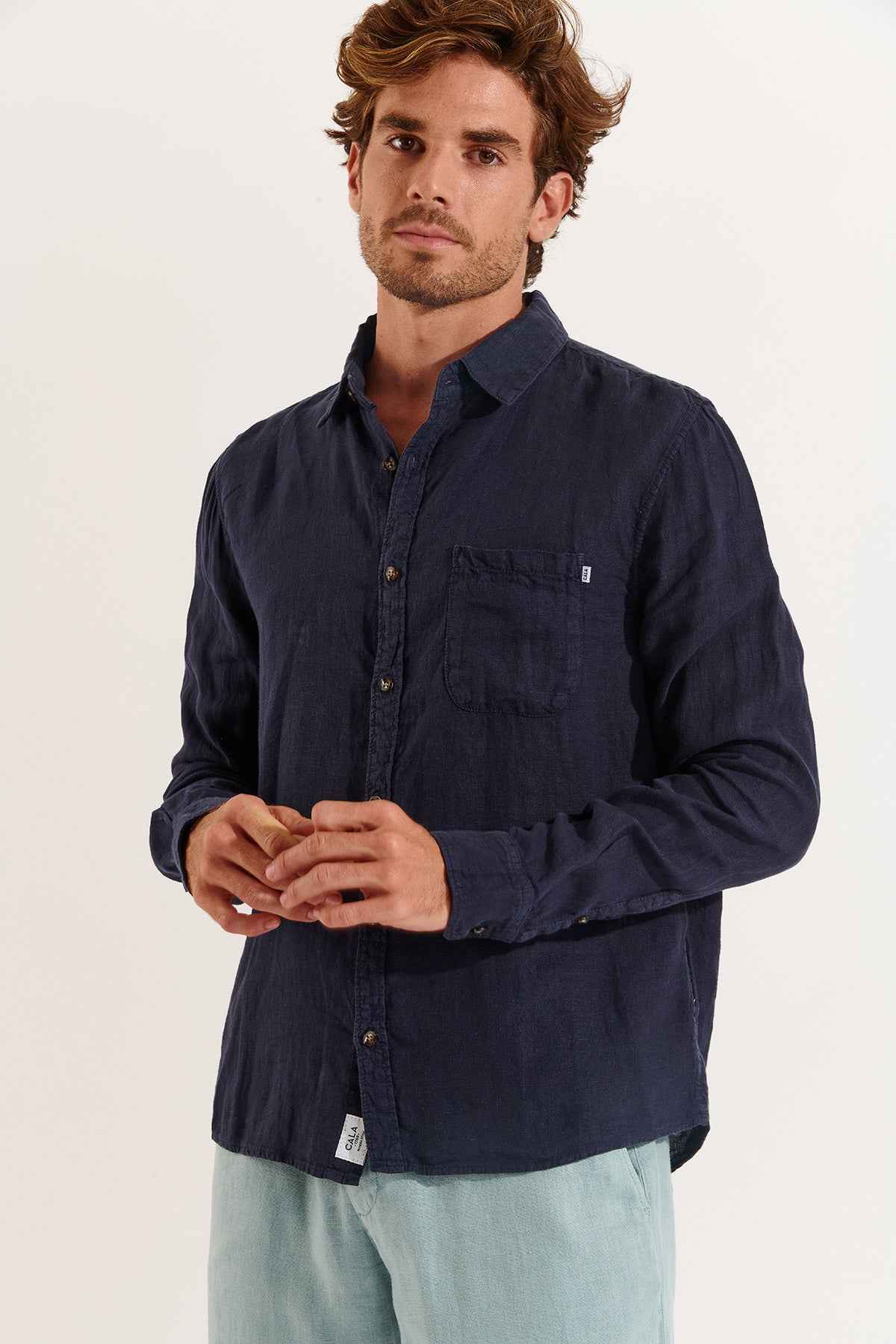 Camisa lino manga larga Lindye azul marino