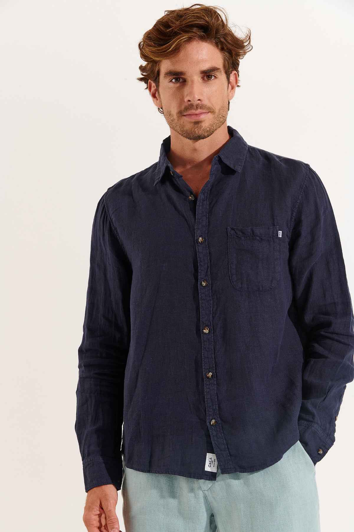 Camisa lino manga larga Lindye azul marino